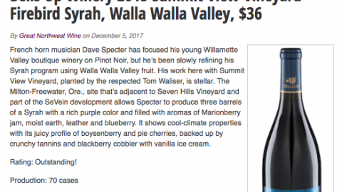 2015 Firebird Syrah Rated “Outstanding!” by Great Northwest Wine Reviewers