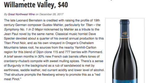 Great Northwest Wine Rates 2015 Titan Pinot Noir “Excellent”